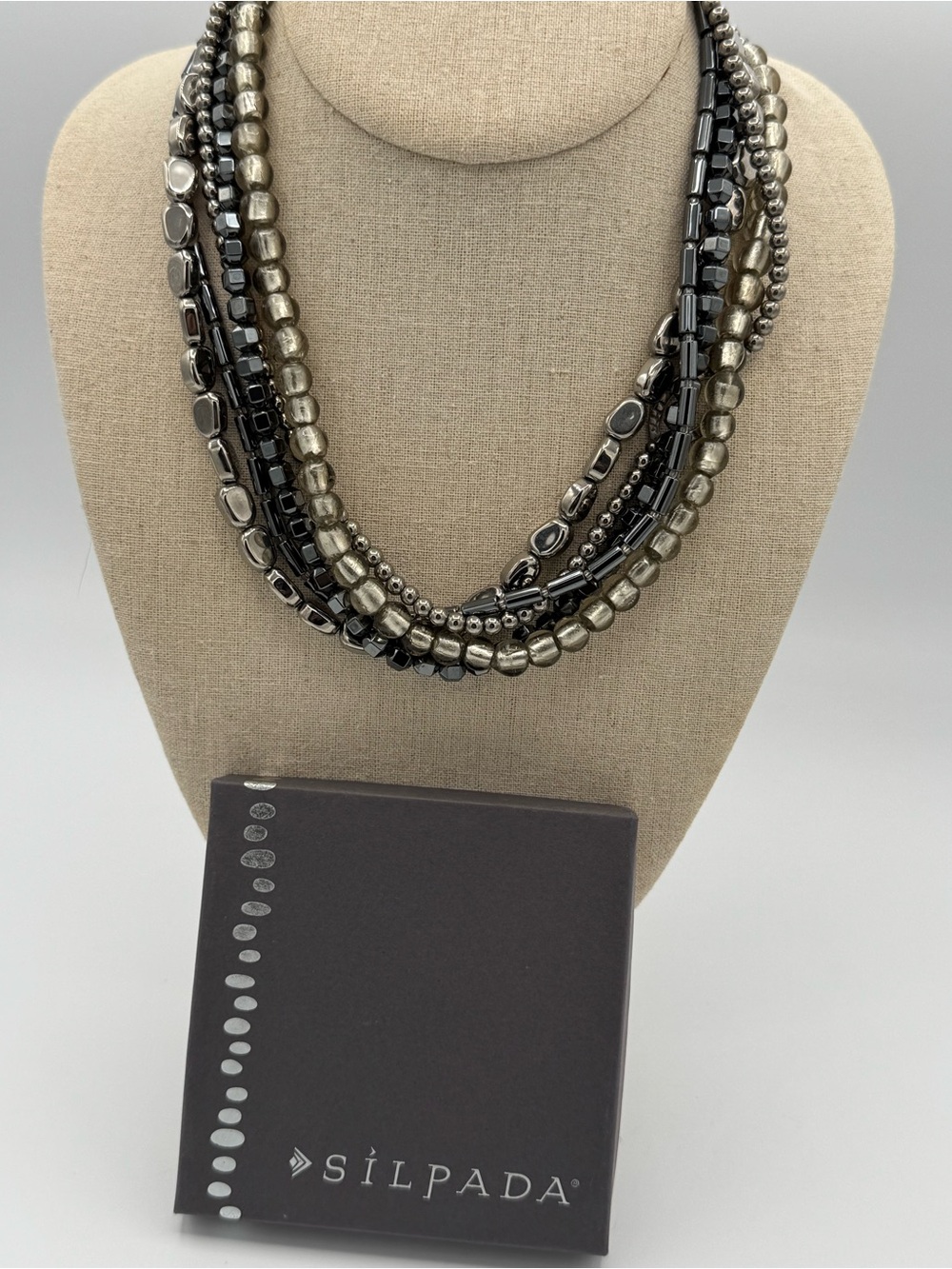 Silpada Sterling Silver Hematite Hailstone Glass N1936 Multi Strand Necklace 18"